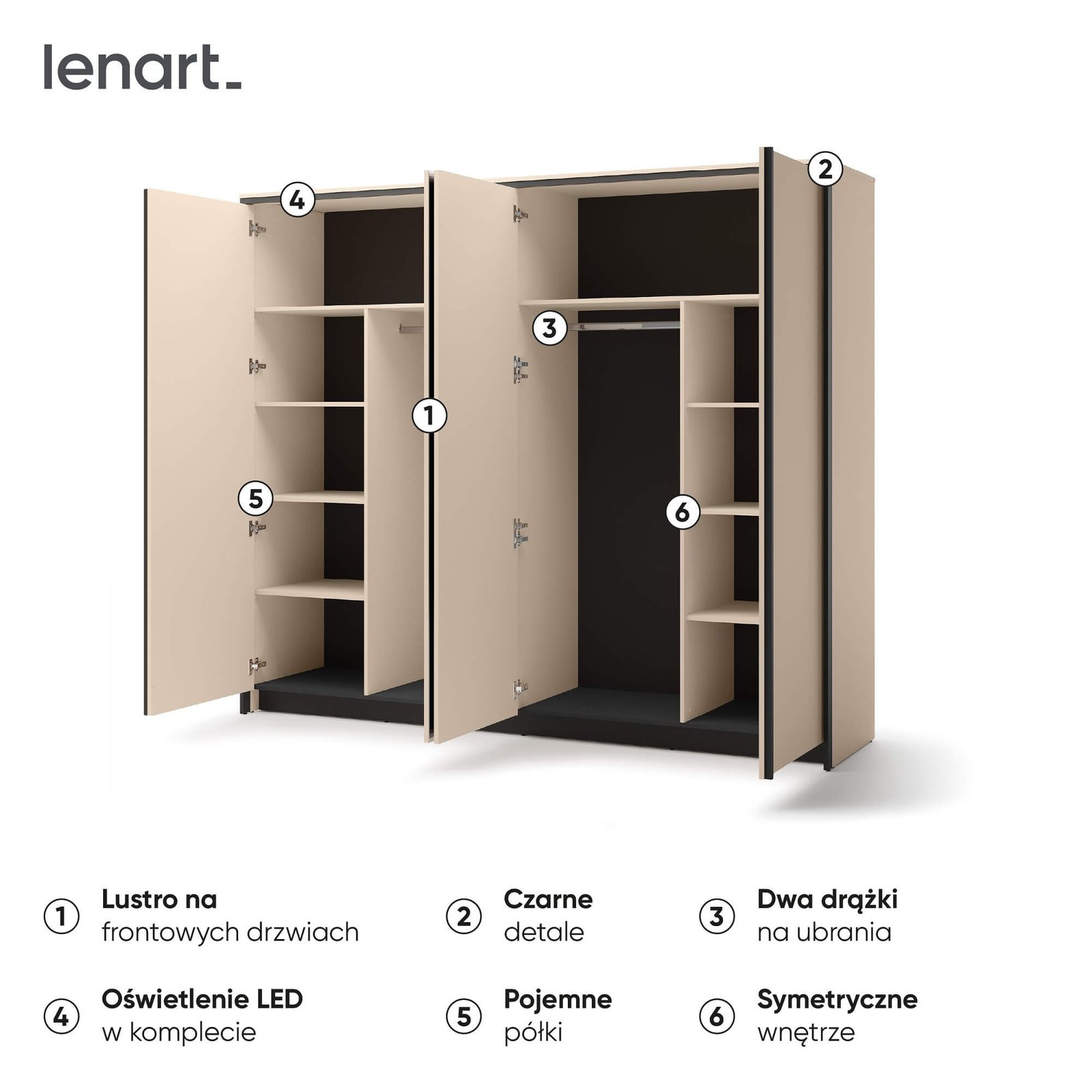 ENNA EN-06 4D four-door wardrobe | 250 cm | Mirror, LED lighting | Sand, black colors - Image 6