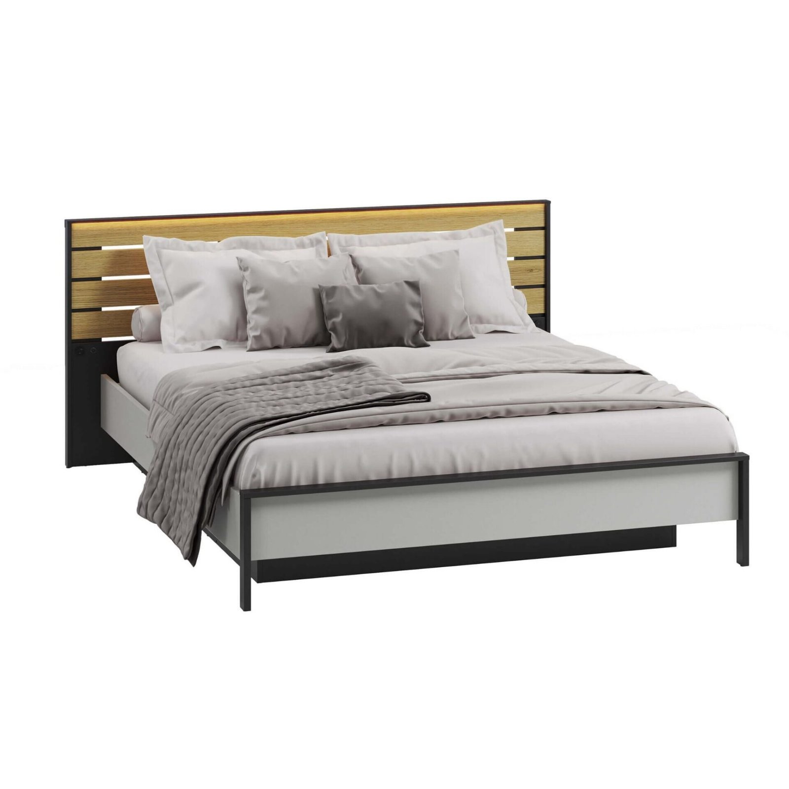 GRIS GS-02 bed with storage box | 160x200 | LED lighting | Gray + black + natural oak