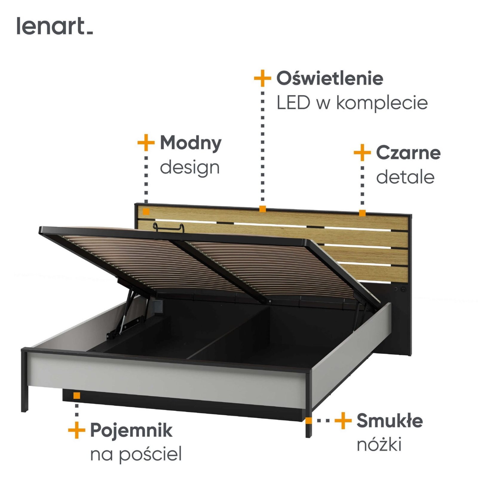 GRIS GS-02 bed with storage box | 160x200 | LED lighting | Gray + black + natural oak - Image 5