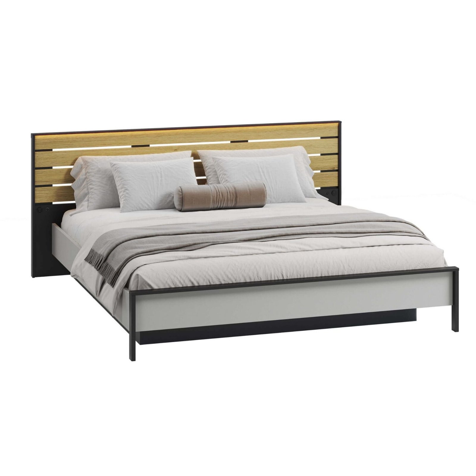GRIS GS-02 bed with storage box | 180x200 | LED lighting | Gray + black + natural oak