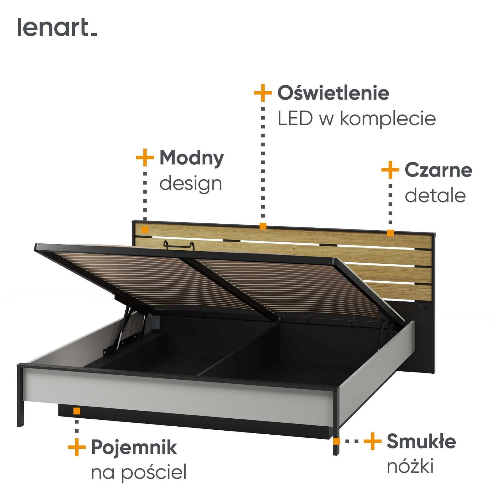 GRIS GS-02 bed with storage box | 180x200 | LED lighting | Gray + black + natural oak - Image 5