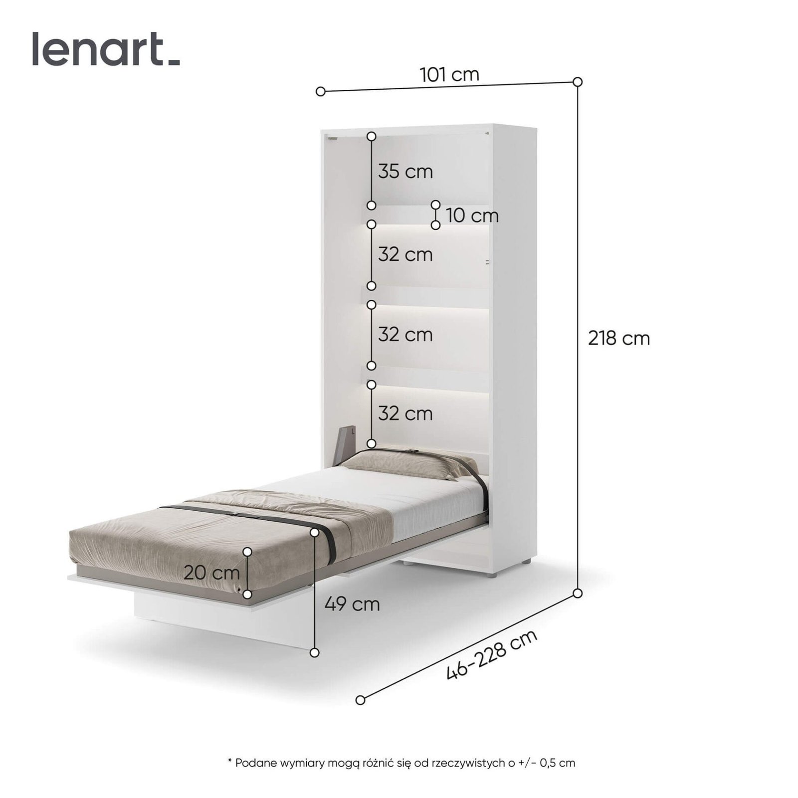 Bed Concept BC-03p - Vertical Wall Bed 90 - White Gloss - Image 5