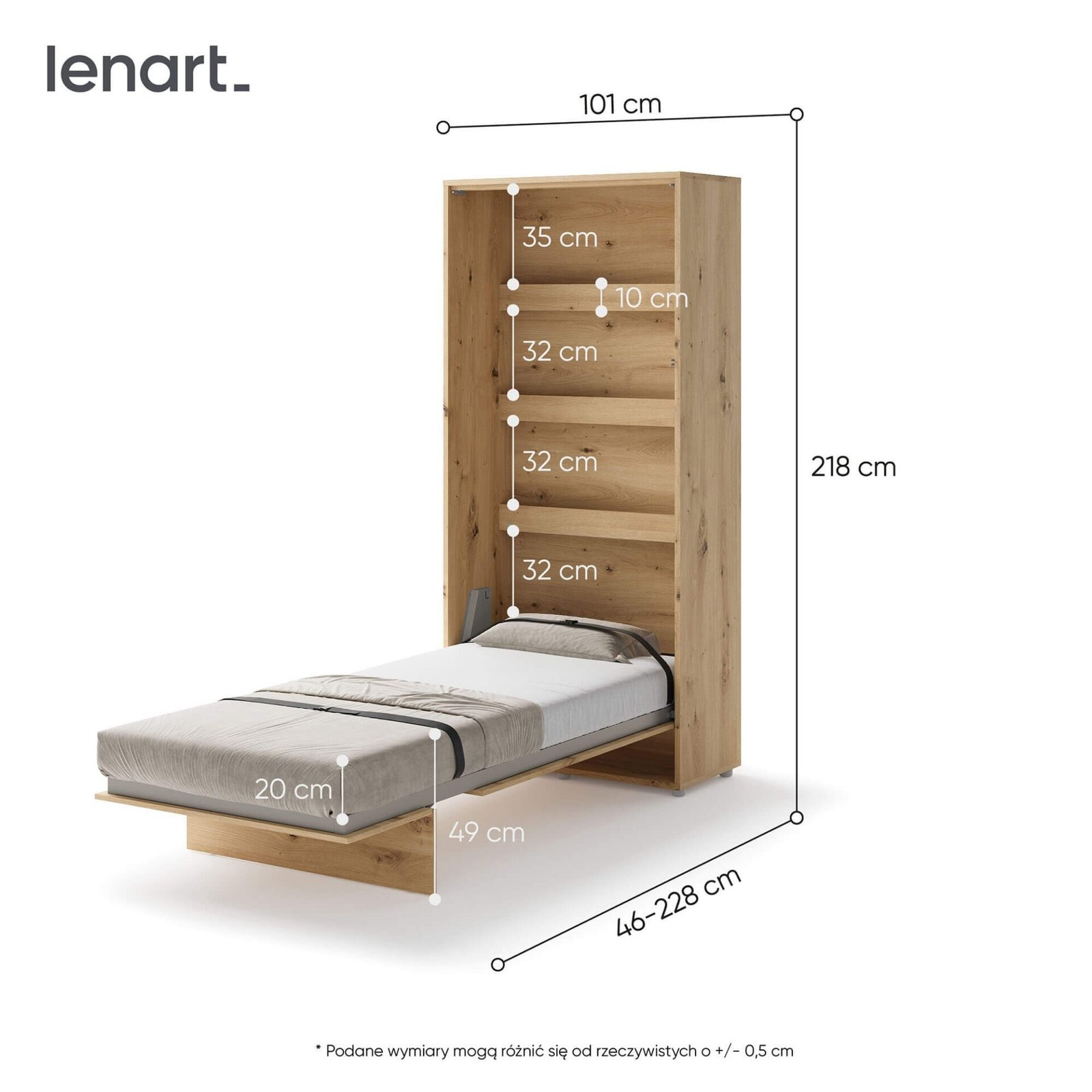 Bed concept BC-03 - vertical wall bed 90 - oak imitation - Image 5