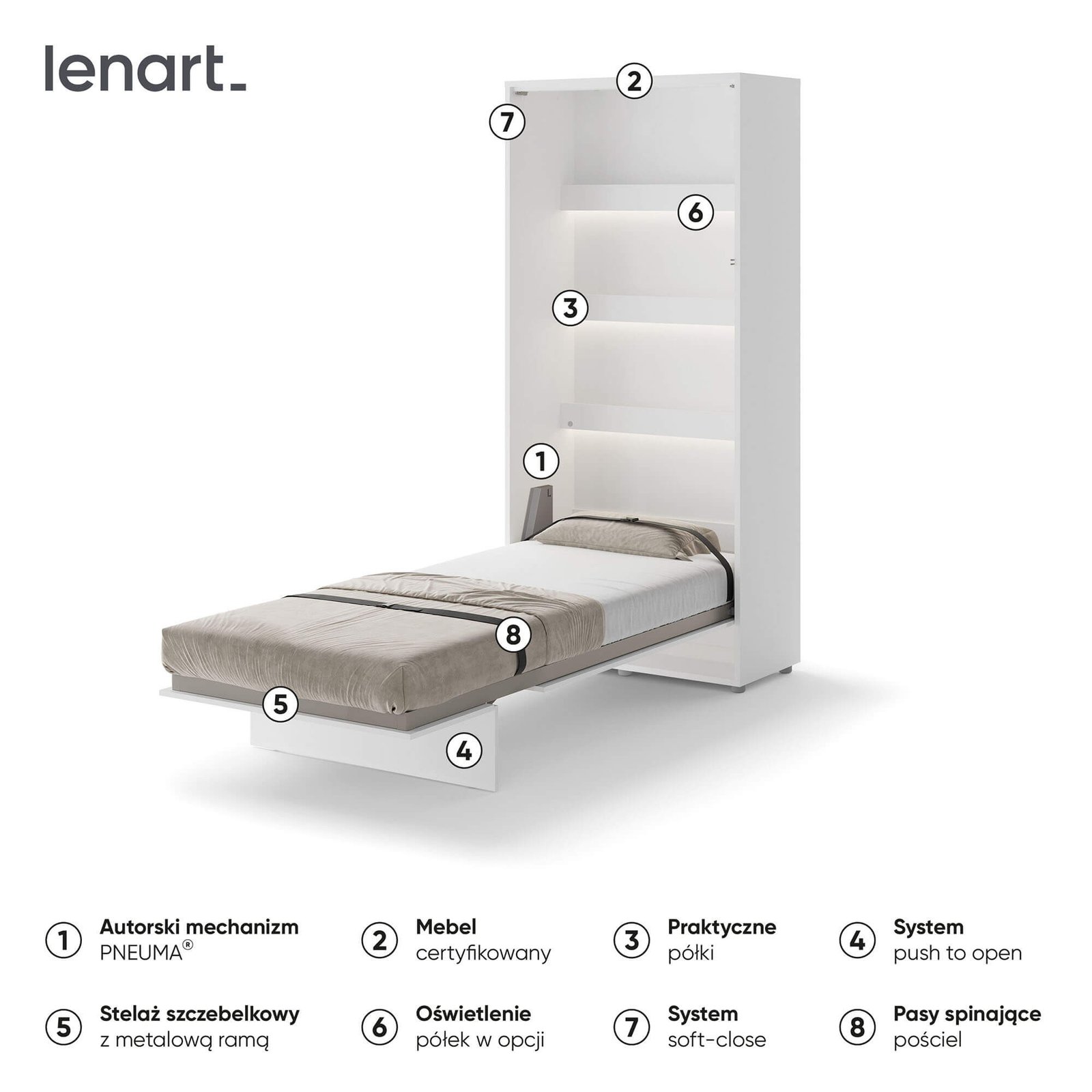 Bed Concept BC-03p - Vertical Wall Bed 90 - White Gloss - Image 6