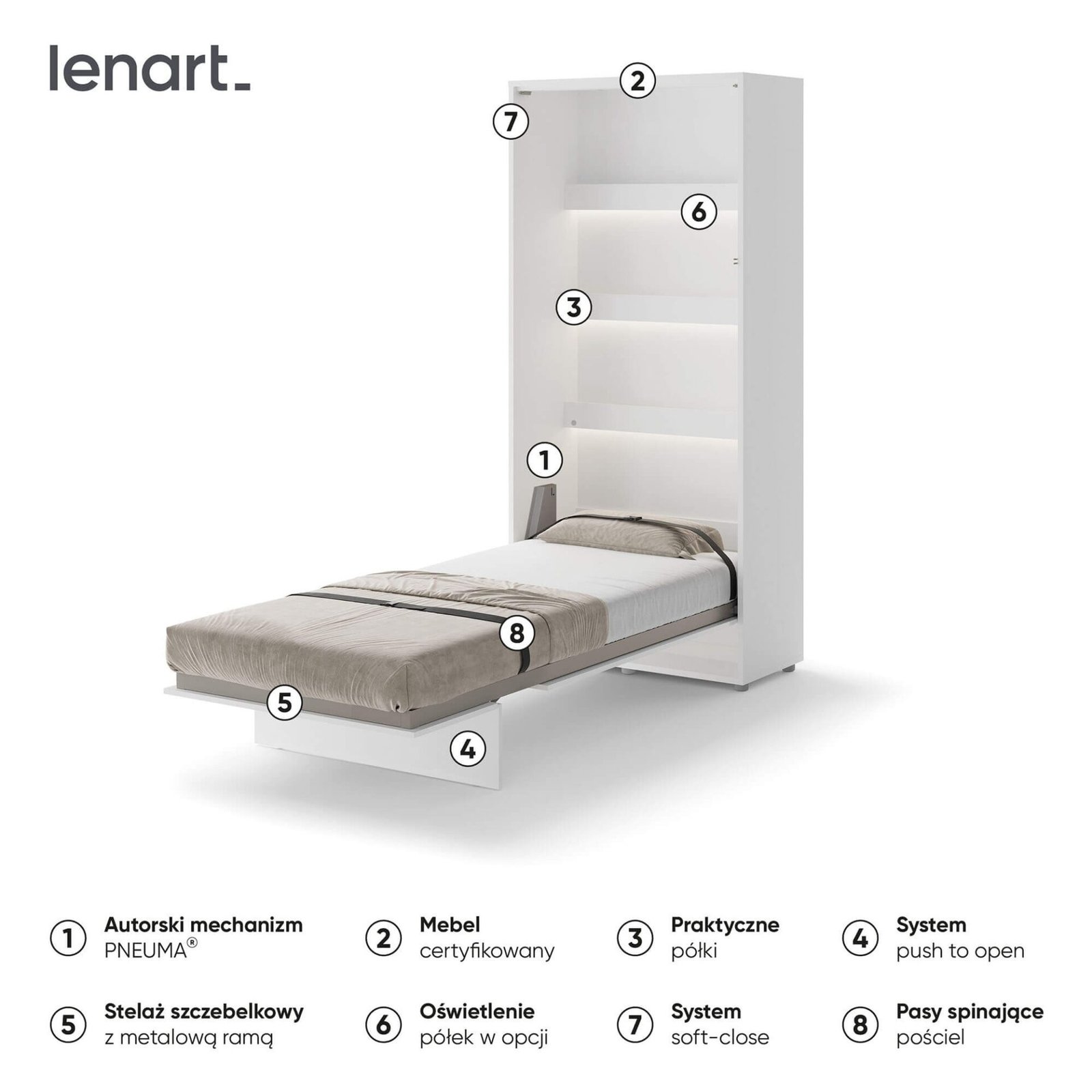 Bed Concept BC-03 - Vertical Wall-Mounted Bed 90 - White - Image 6