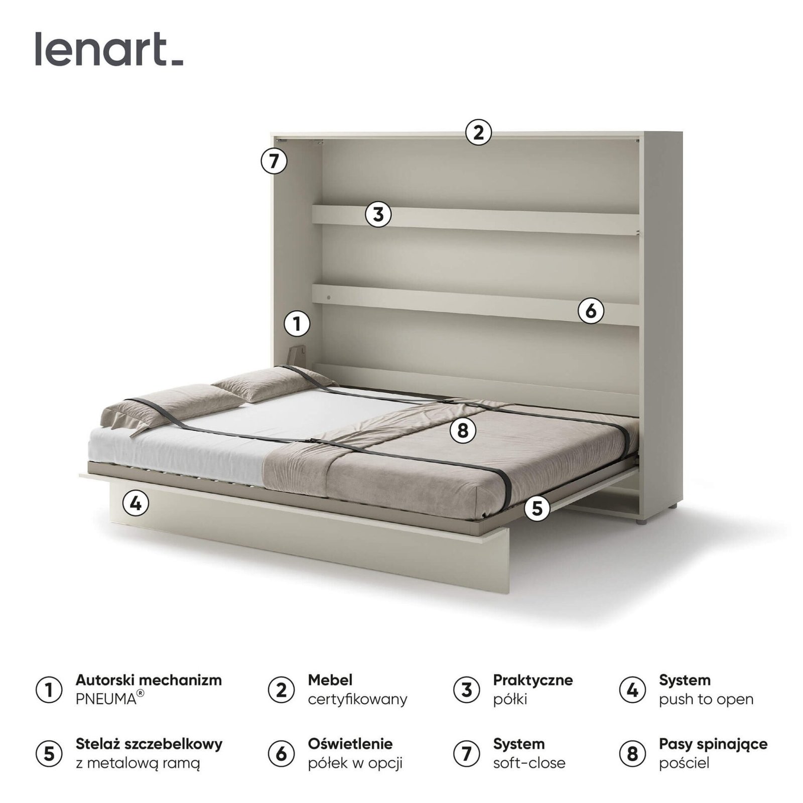 Bed Concept BC-14 - Horizontal Wall Bed 160 - Cashmere - Image 2