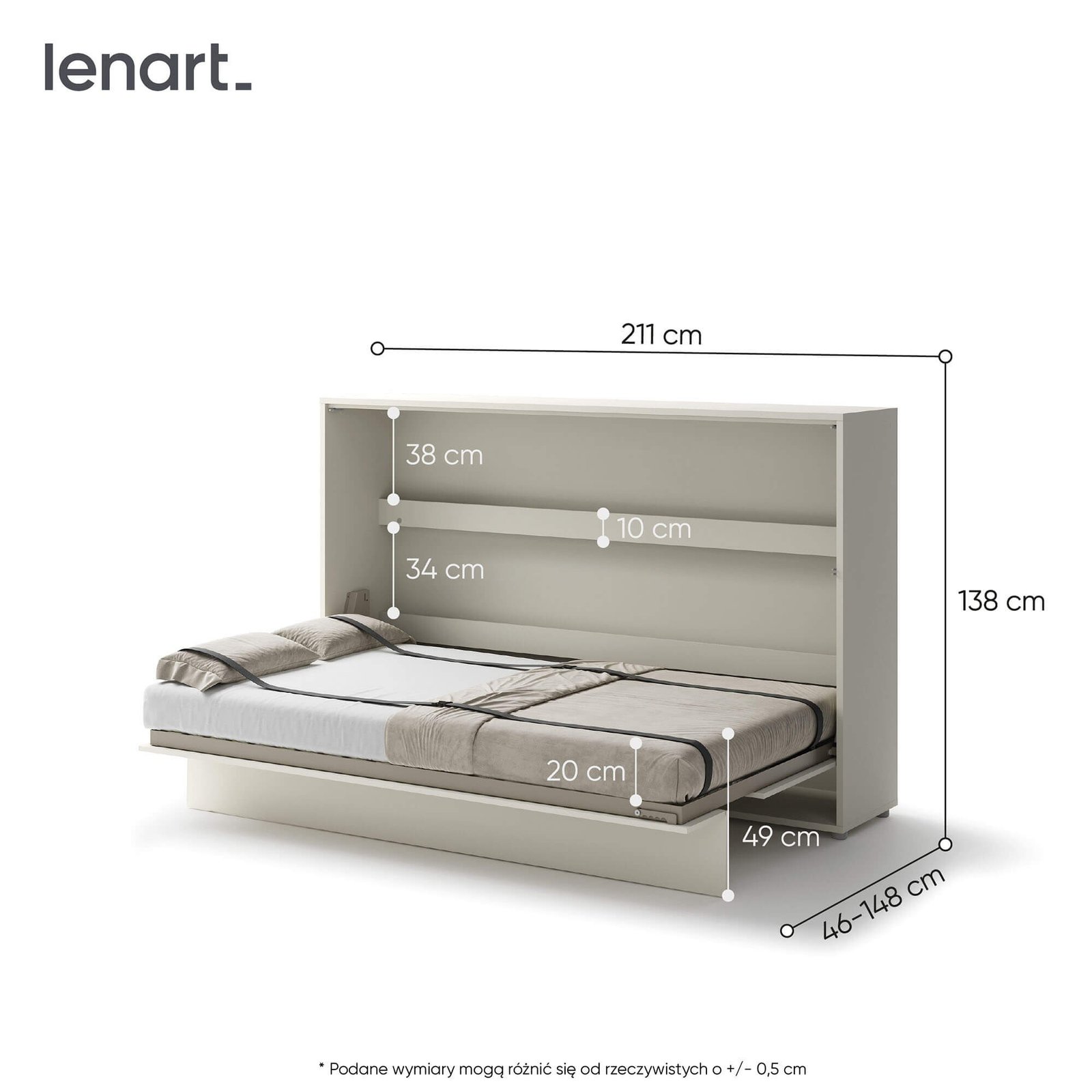 Bed Concept BC-05 - Horizontal Wall Bed 120 - Cashmere - Image 5