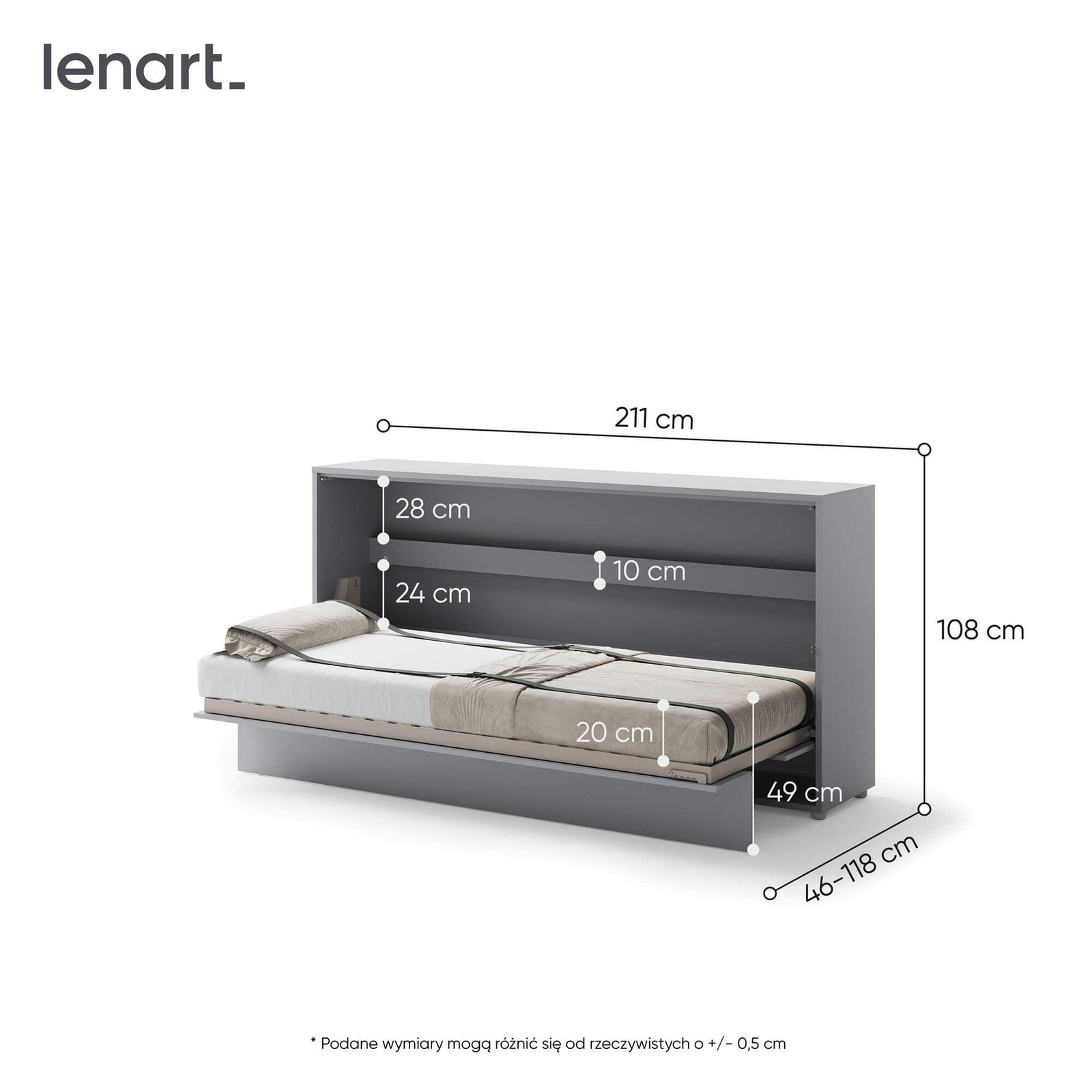 Bed Concept BC-06 - Horizontal Wall-Mounted Bed 90 - Gray - Image 5