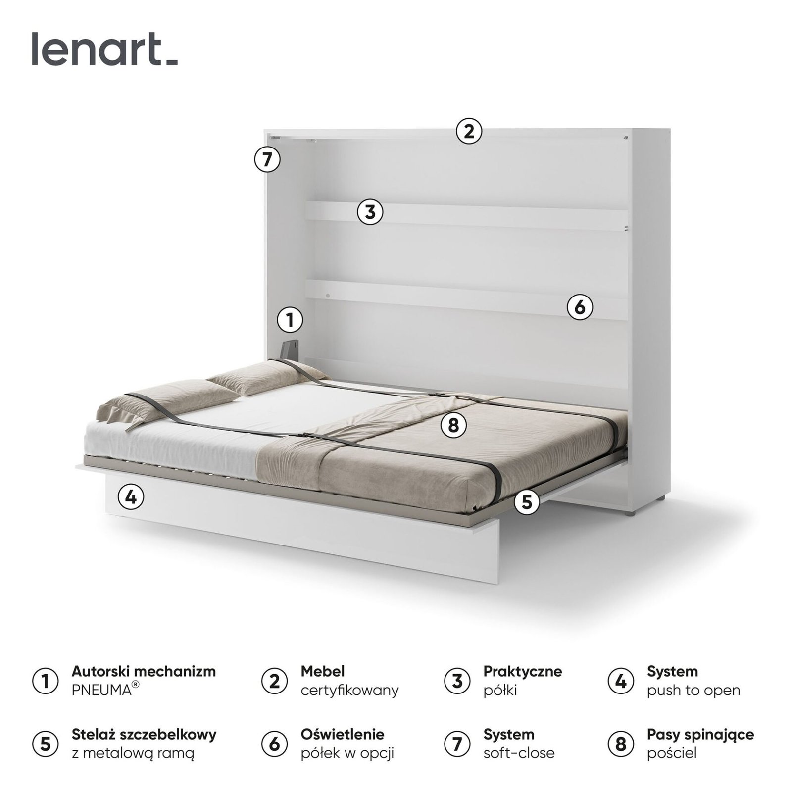 Bed concept BC-14p - horizontal wall bed 160 - white glossy - Image 6