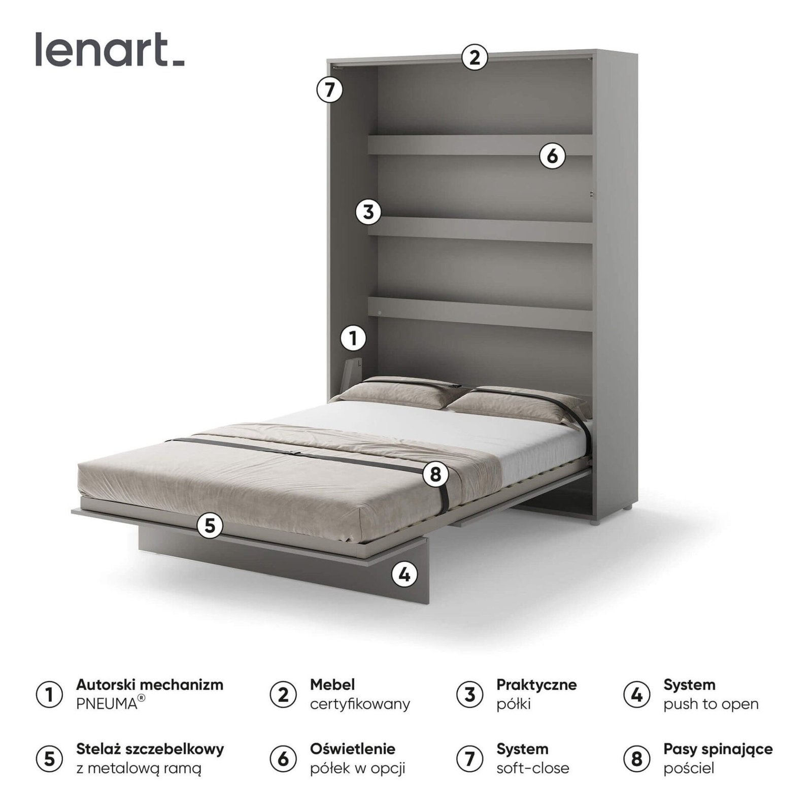 Bed Concept BC-01 - Vertical Wall Mounted Bed 140 - Gray - Image 6