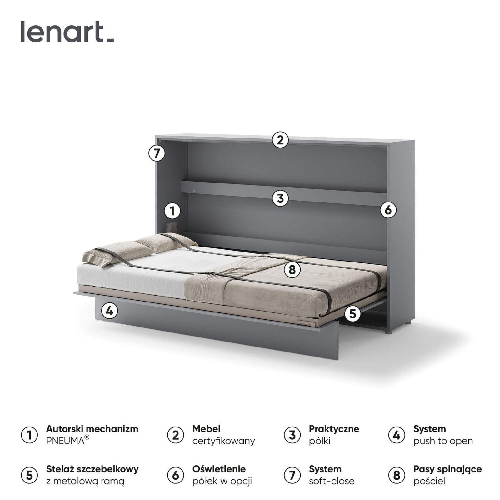 Bed Concept BC-05 - Horizontal Wall-Mounted Bed 120 - Gray - Image 6