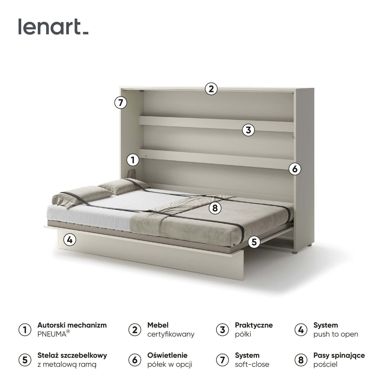 Bed Concept BC-04 - Horizontal Wall Bed 140 - Cashmere - Image 5
