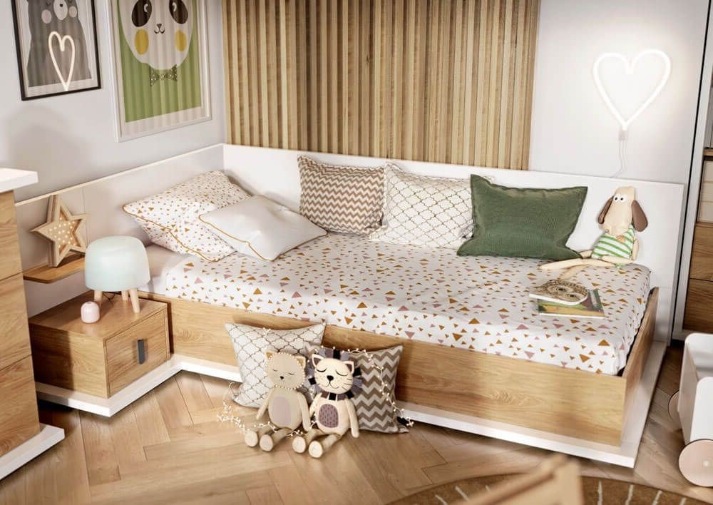 SIMI MS-09 Bed with mattress | White, natural hickory wood