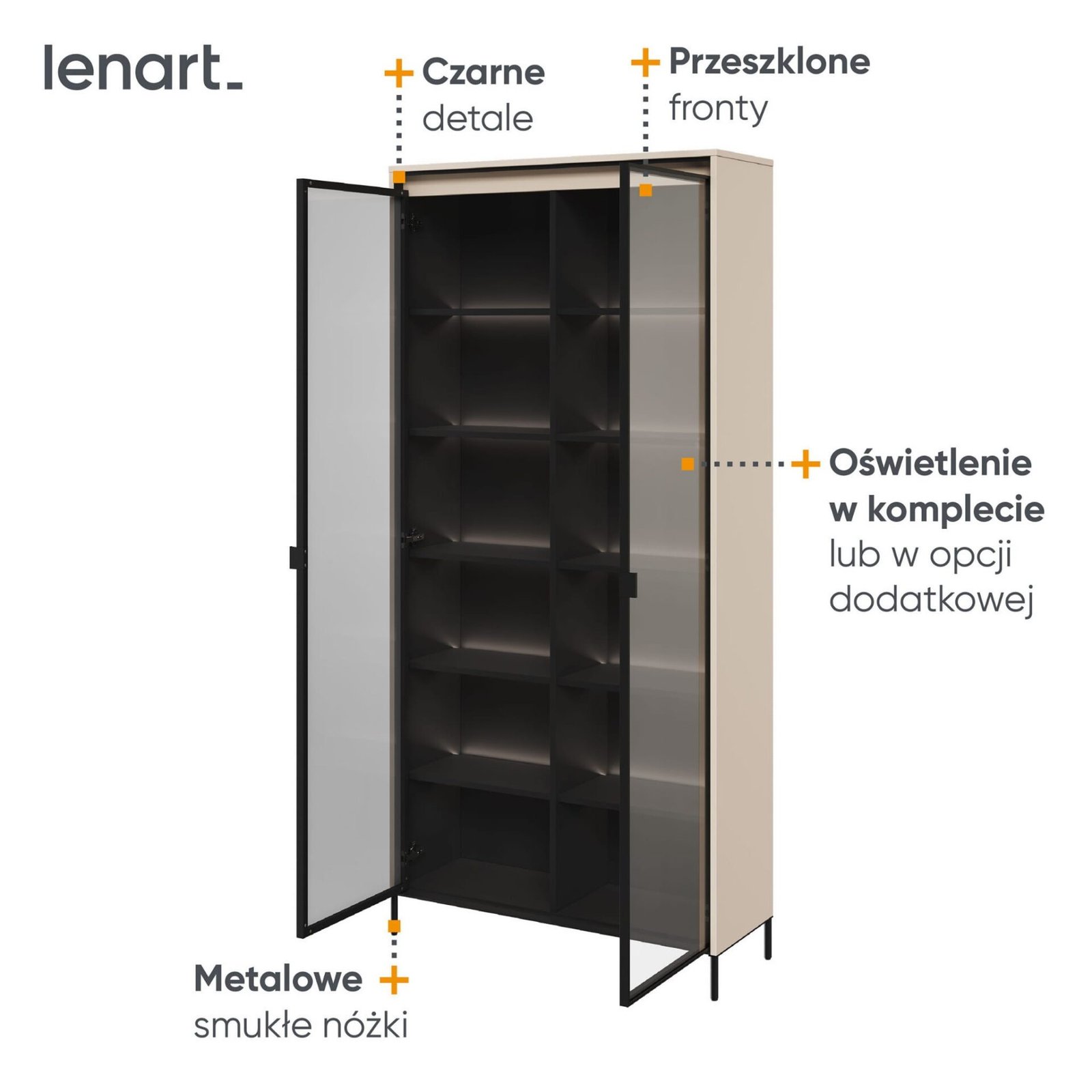 TREND 07 display case with lighting, beige / black legs - Image 6