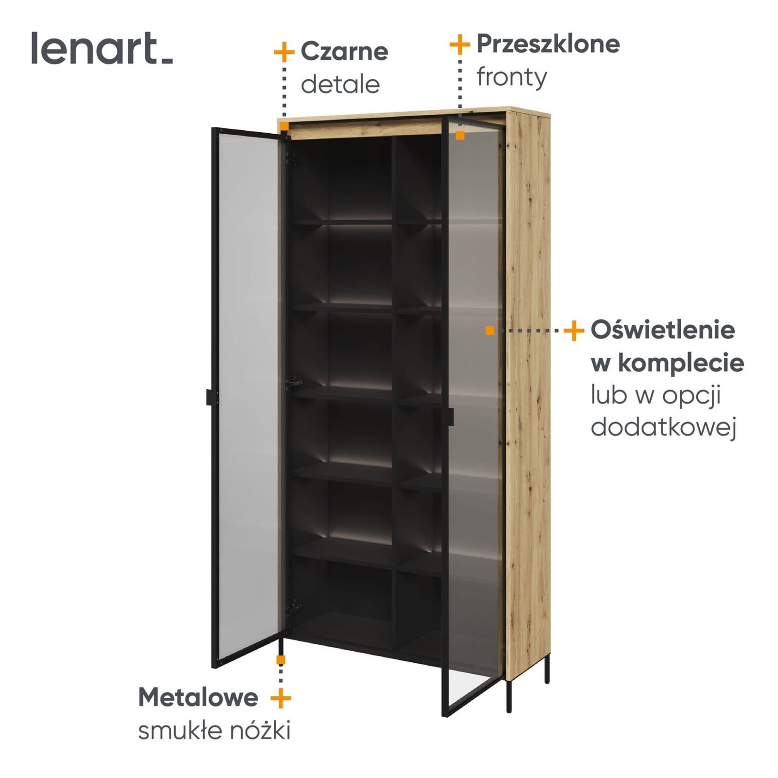 TREND 07 display cabinet with lighting, artificial oak / black legs - Image 5