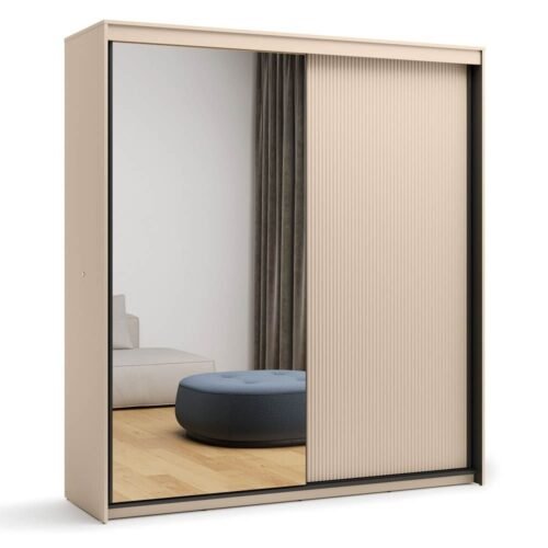 TREND TS-01 2D sliding wardrobe | Mirror, LED lighting | Beige, black