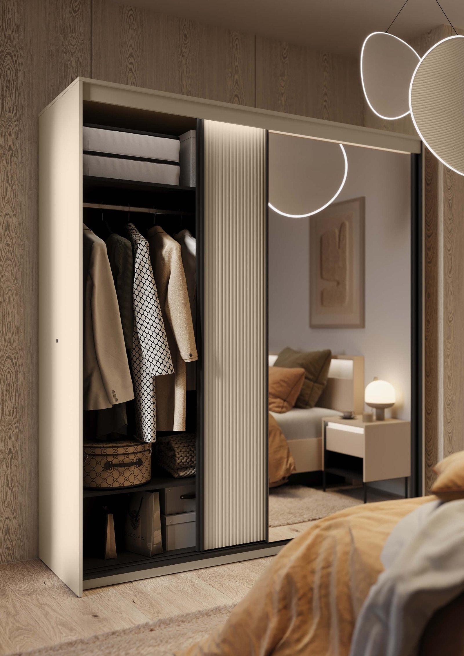 TREND TS-01 2D sliding wardrobe | Mirror, LED lighting | Beige, black - Image 2