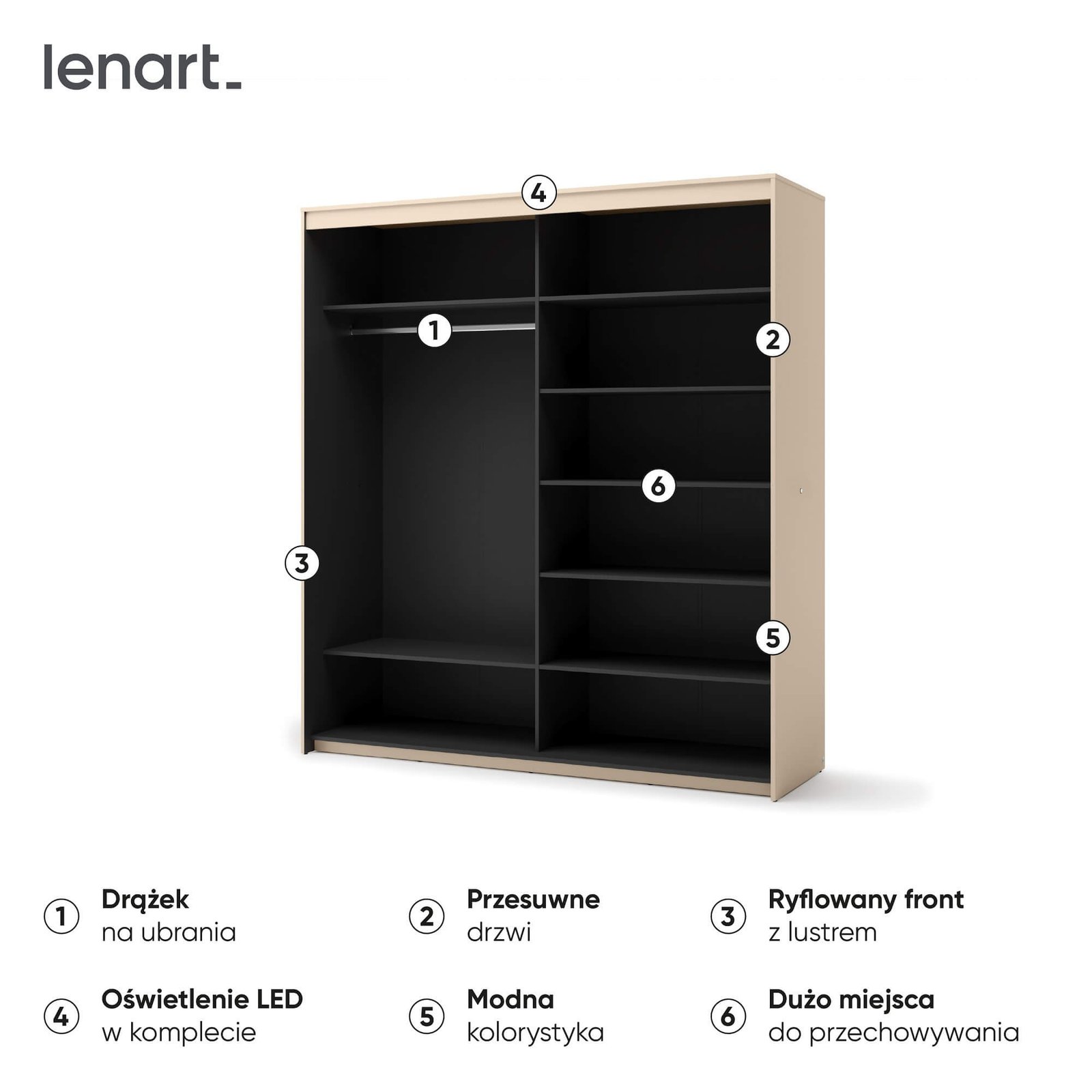TREND TS-01 2D sliding wardrobe | Mirror, LED lighting | Beige, black - Image 6