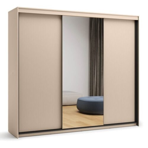 TREND TS-02 3D sliding wardrobe | Mirror, LED lighting | Beige, black