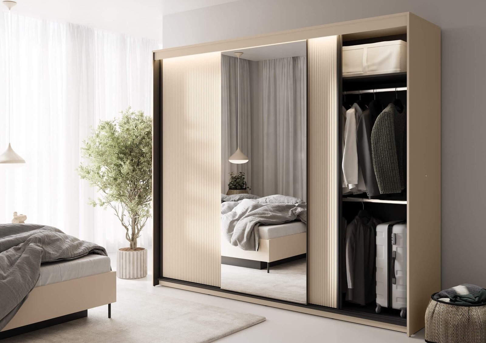 TREND TS-02 3D sliding wardrobe | Mirror, LED lighting | Beige, black - Image 2