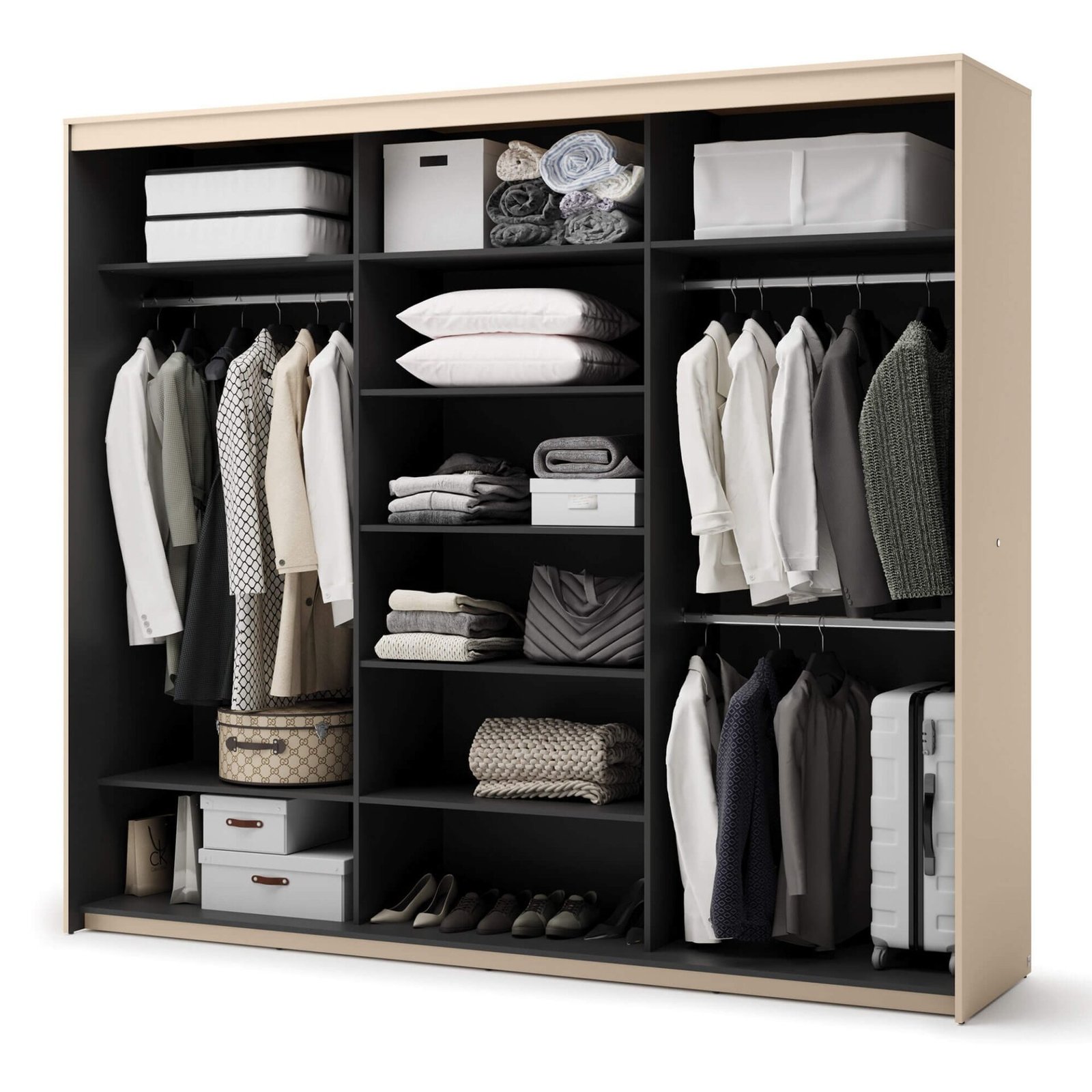 TREND TS-02 3D sliding wardrobe | Mirror, LED lighting | Beige, black - Image 5