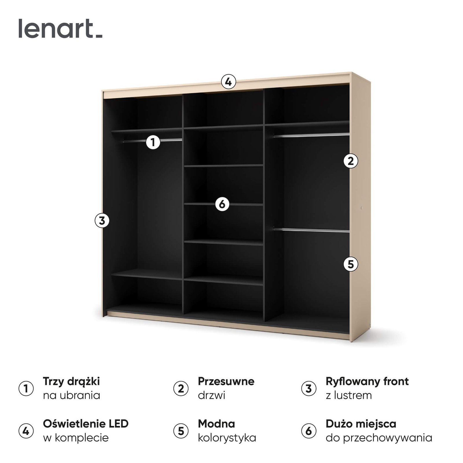 TREND TS-02 3D sliding wardrobe | Mirror, LED lighting | Beige, black - Image 6