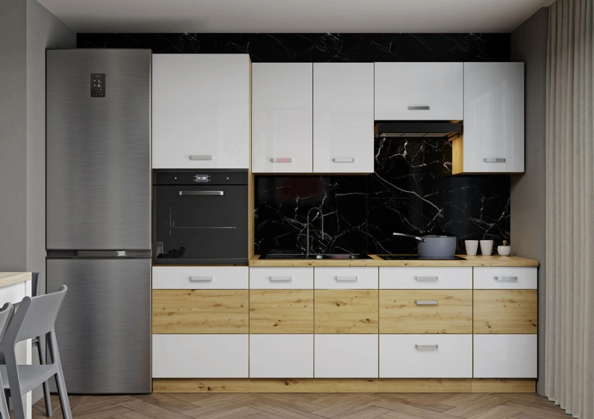 Artisan kitchen set, 240 cm, white gloss and artisan oak