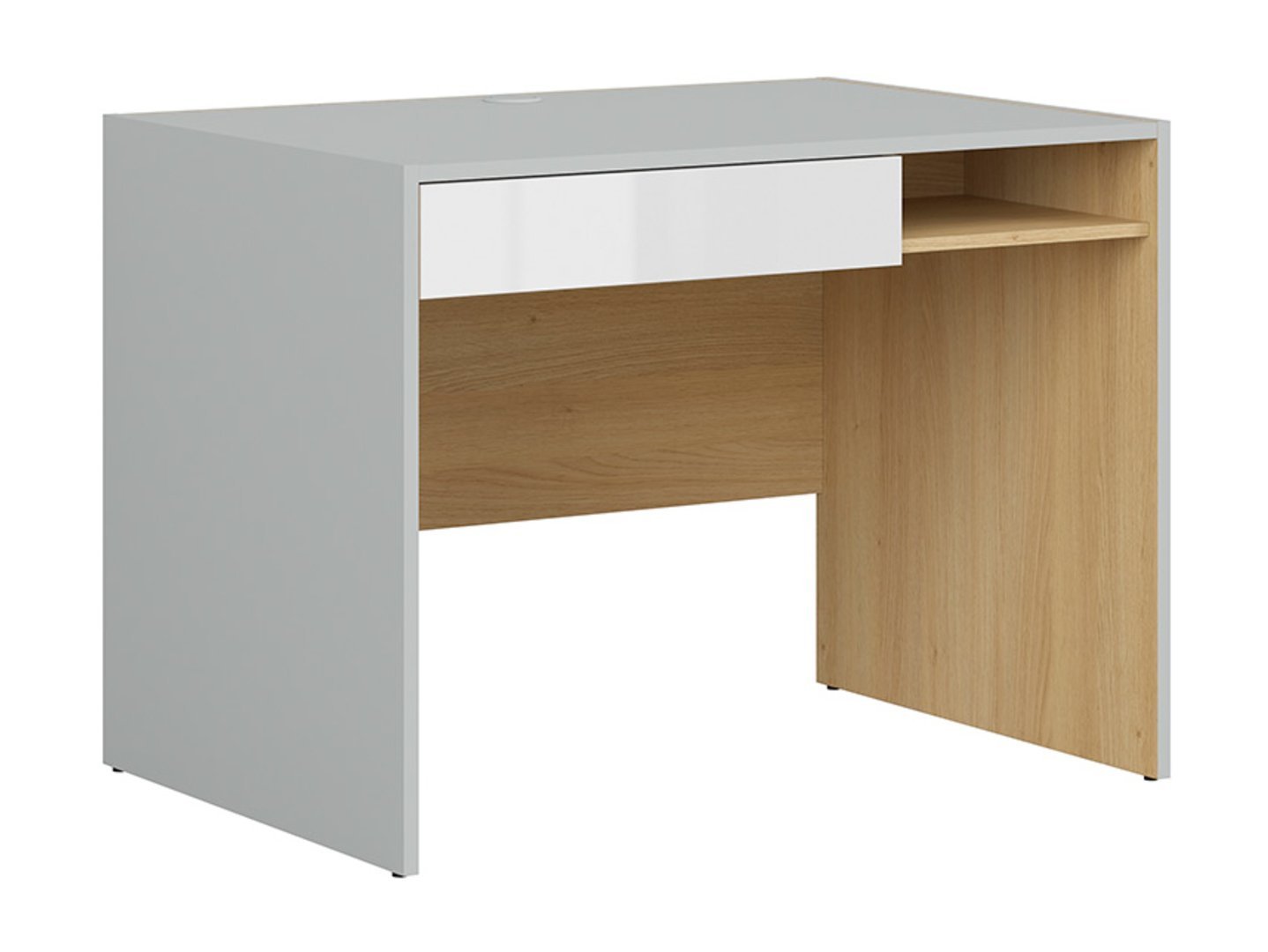 NANDU desk with drawer, 100 cm, light grey/polished oak/high-gloss white