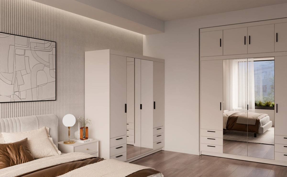 Wardrobe with mirrors and drawers Elena 4D 6S beige - Image 5