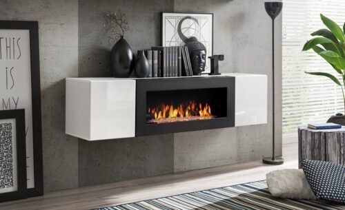 FLY chest of drawers with fireplace, white/white glossy ASM