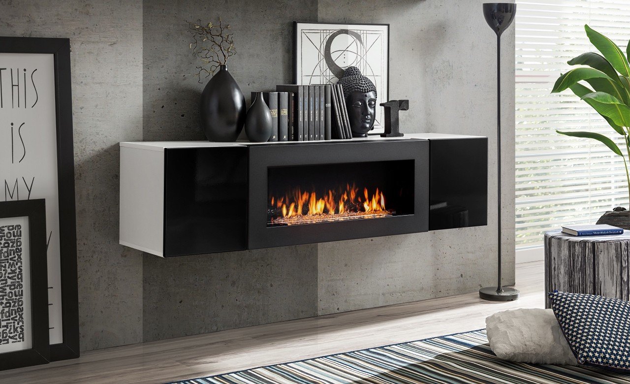 FLY chest of drawers with fireplace, white/black glossy ASM
