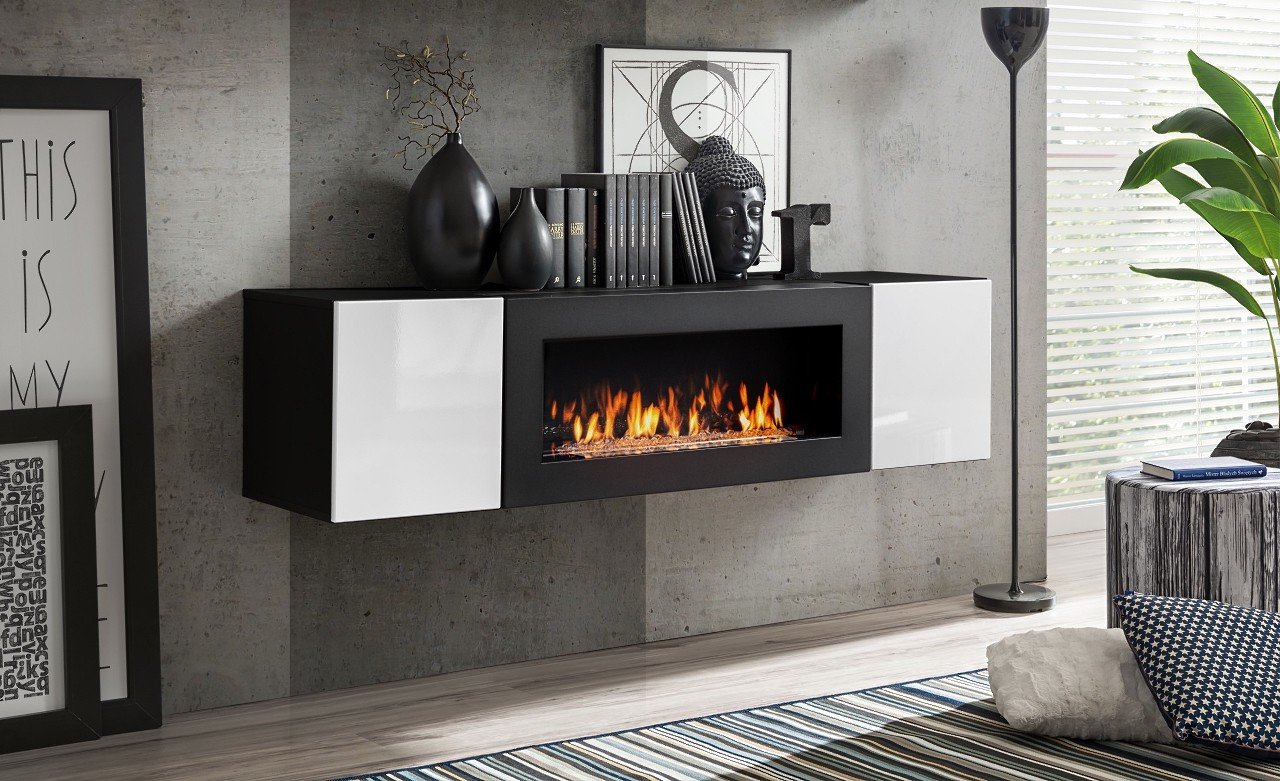 FLY chest of drawers with fireplace, black/white glossy ASM