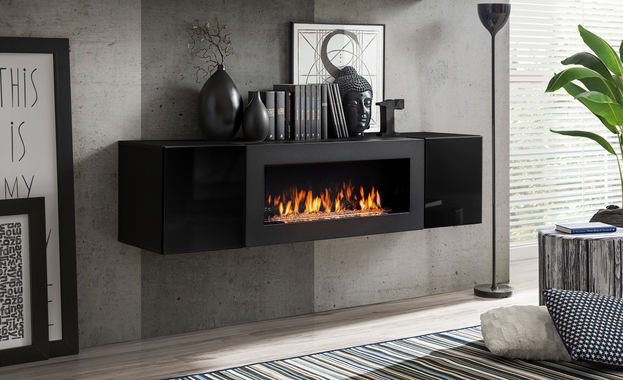 FLY chest of drawers with fireplace, black/black glossy ASM