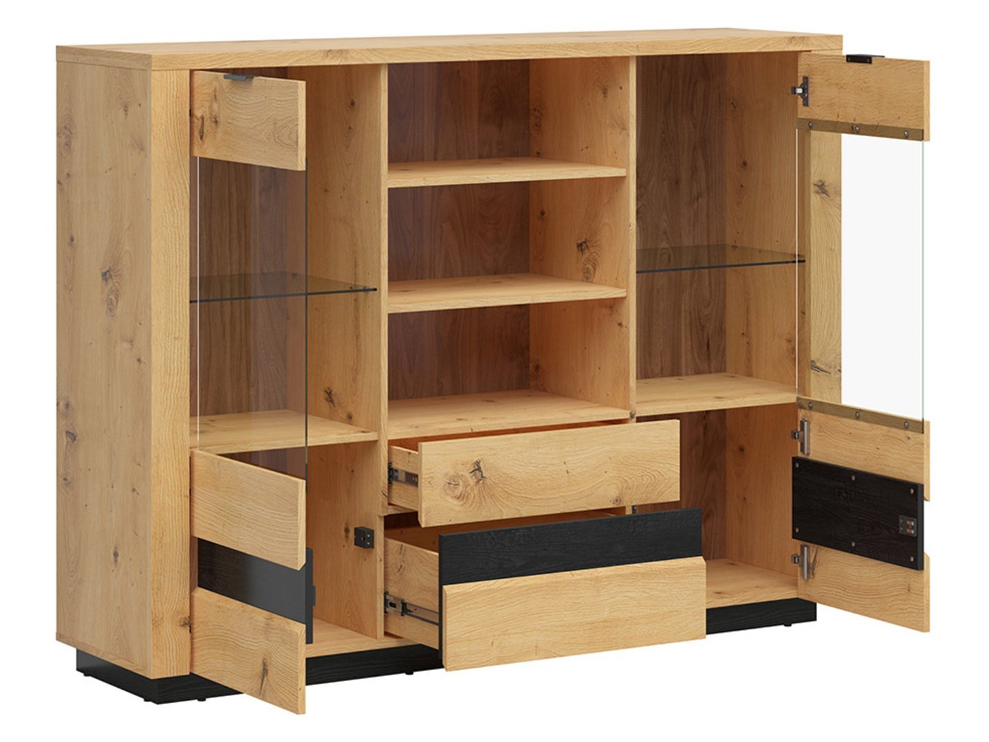 OSTIA two-door glass chest of drawers with two drawers, 161 cm, oak veneer / black glossy finish - Image 2