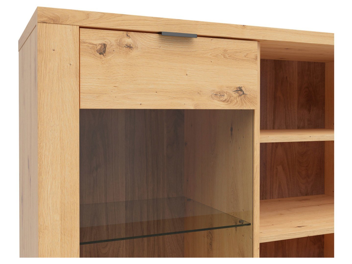OSTIA two-door glass chest of drawers with two drawers, 161 cm, oak veneer / black glossy finish - Image 3