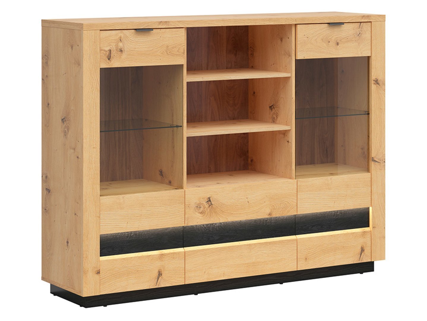 OSTIA two-door glass chest of drawers with two drawers, 161 cm, oak veneer / black glossy finish - Image 5