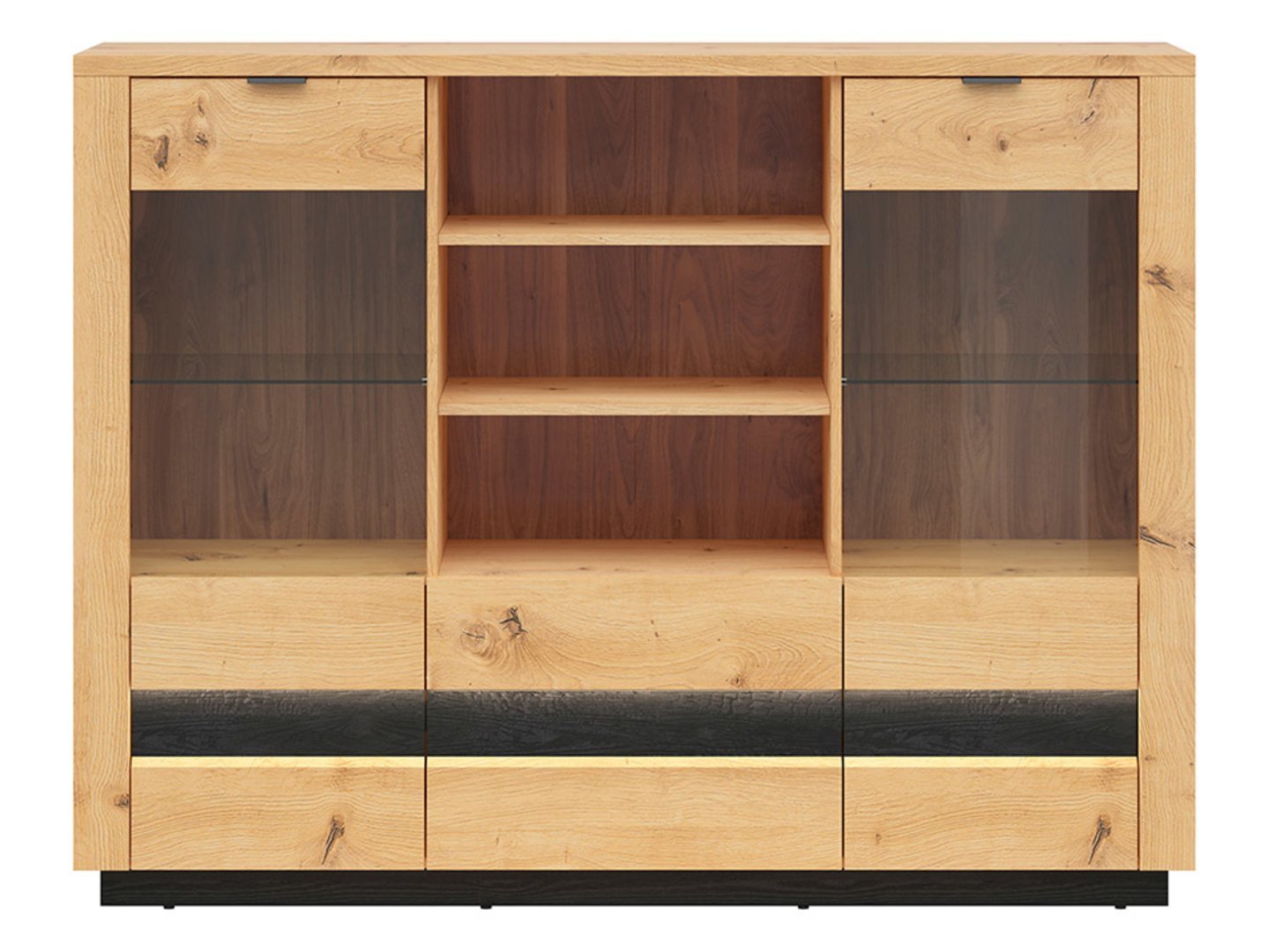OSTIA two-door glass chest of drawers with two drawers, 161 cm, oak veneer / black glossy finish