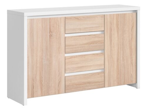 Two-door chest of drawers with four drawers KASPIAN, 143.5 cm, white/sonoma oak