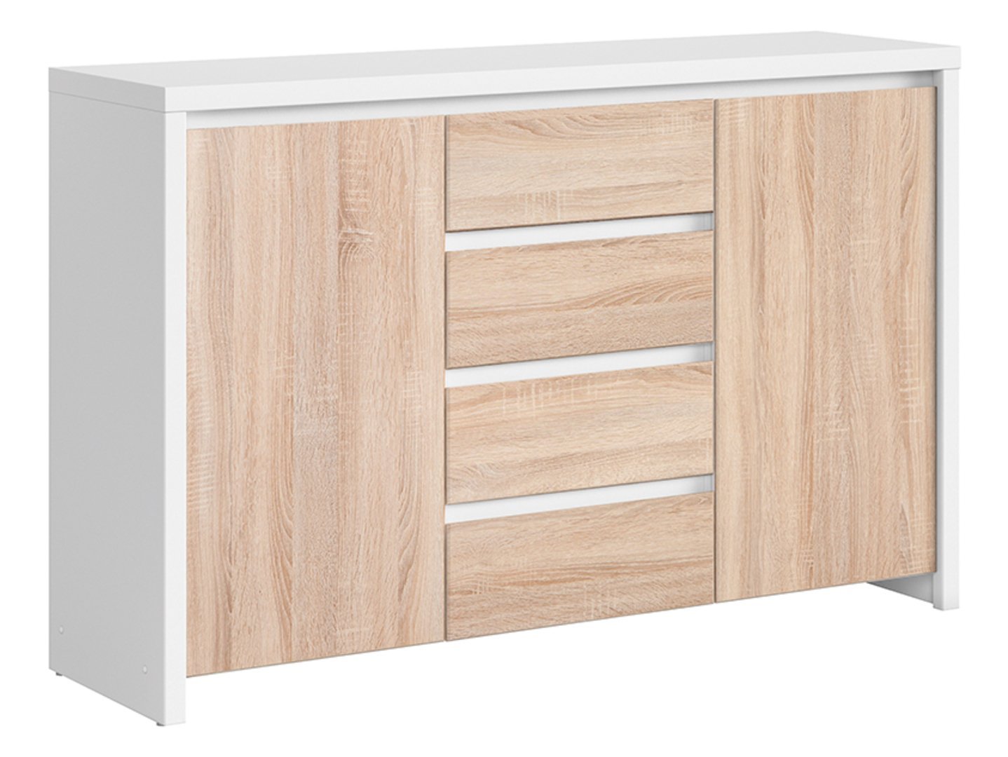 Two-door chest of drawers with four drawers KASPIAN, 143.5 cm, white/sonoma oak