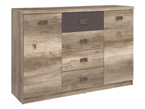 Two-door chest of drawers with four drawers, MALCOLM, 130 cm, imitation monumental oak/imitation monumental oak with pattern