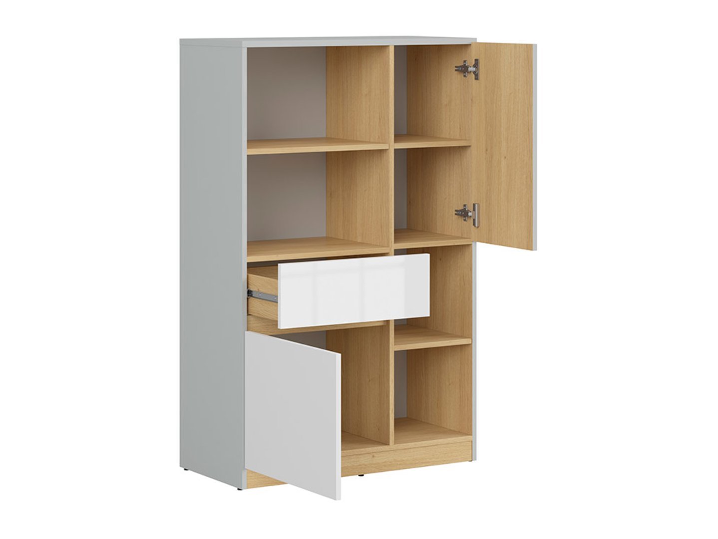 NANDU chest of drawers with two doors and a drawer, 79.5 cm, light grey/polished oak/high-gloss white - Image 3