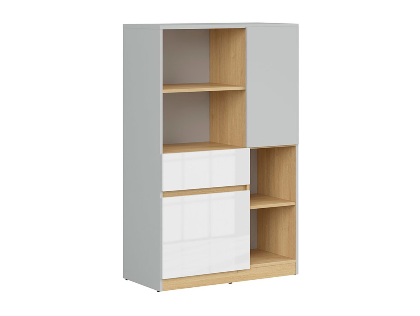 NANDU chest of drawers with two doors and a drawer, 79.5 cm, light grey/polished oak/high-gloss white
