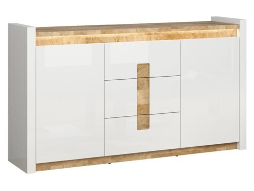 ALAMEDA chest of drawers with two doors and three drawers, 172 cm, glossy white/westminster oak