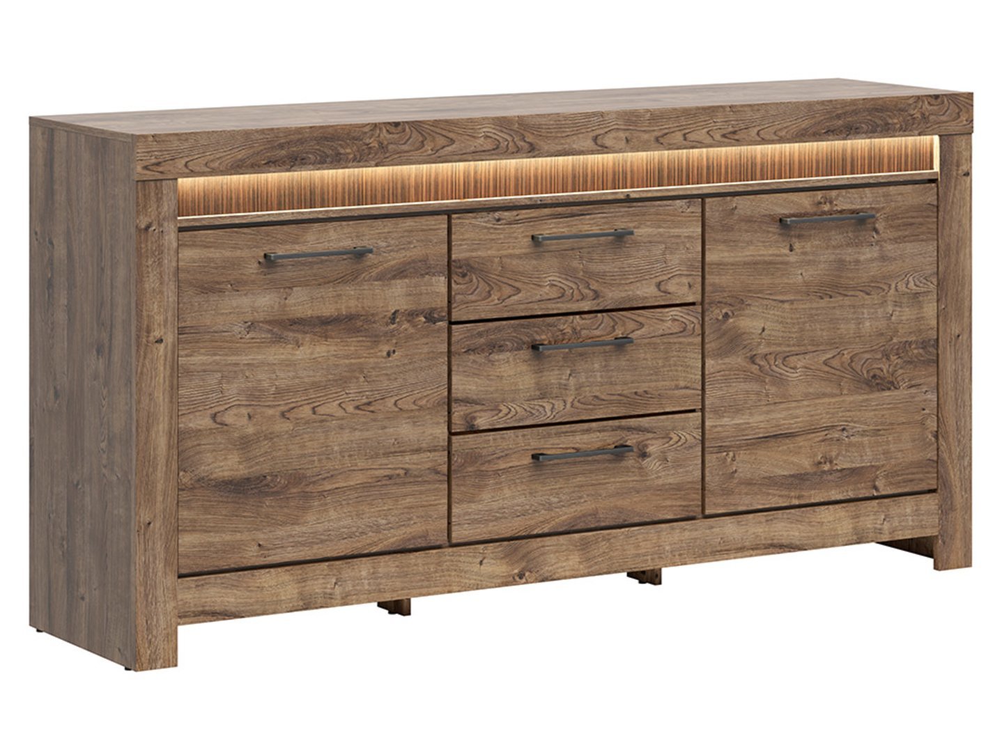 Chest of drawers with two doors and three drawers TORIN, 180 cm, oak brown, ribbed