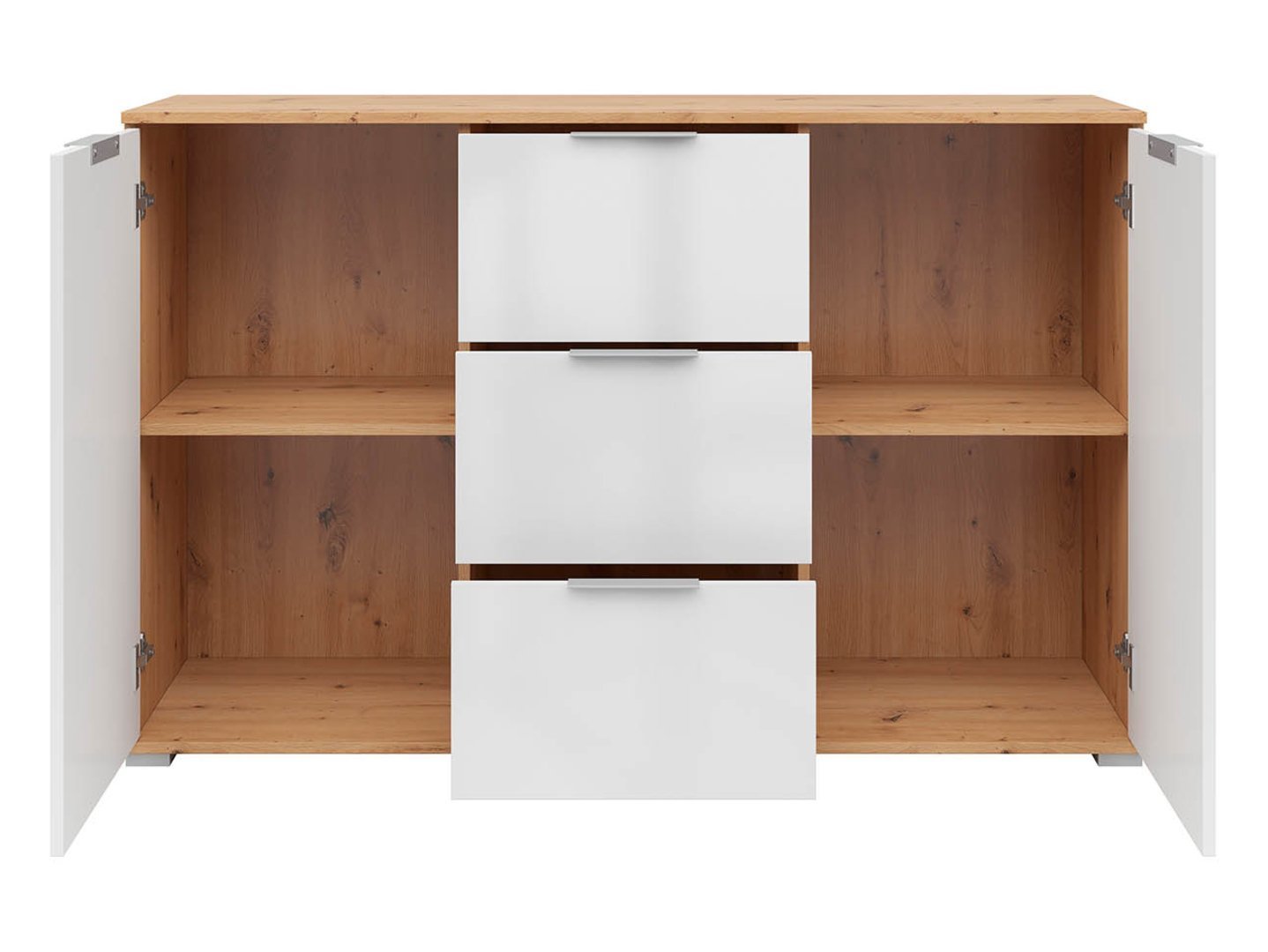 ZELE chest of drawers with two doors and three drawers, 135 cm, artificial oak color / glossy white color - Image 2