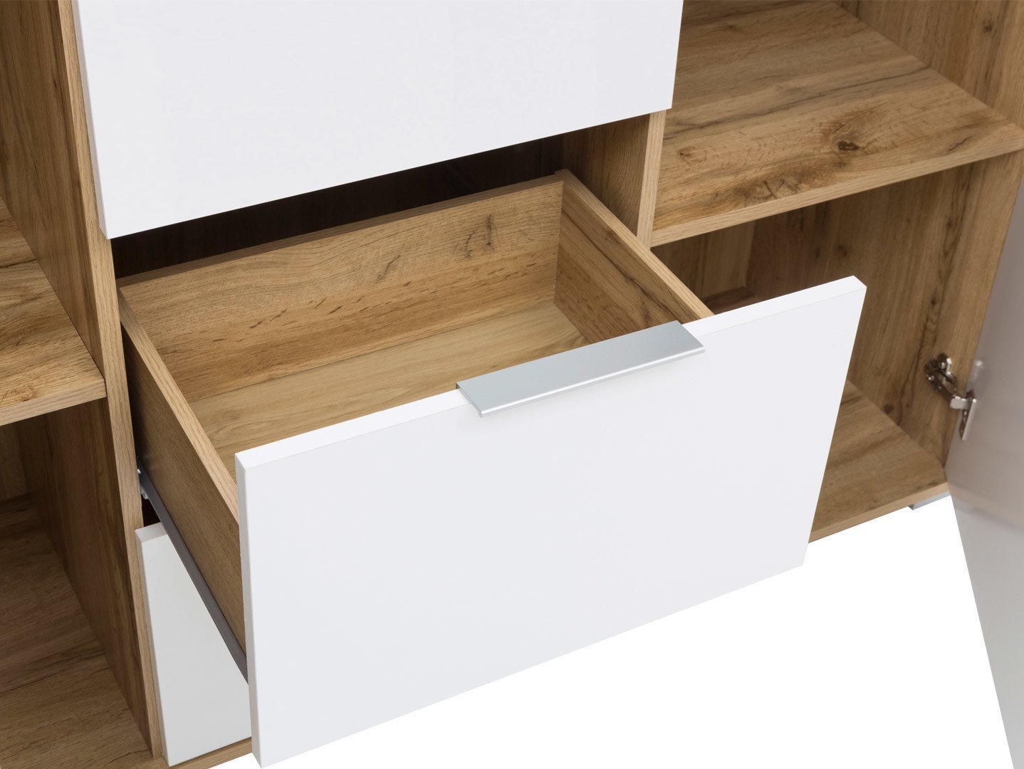 ZELE chest of drawers with two doors and three drawers, 135 cm, Wotan oak/glossy white - Image 4