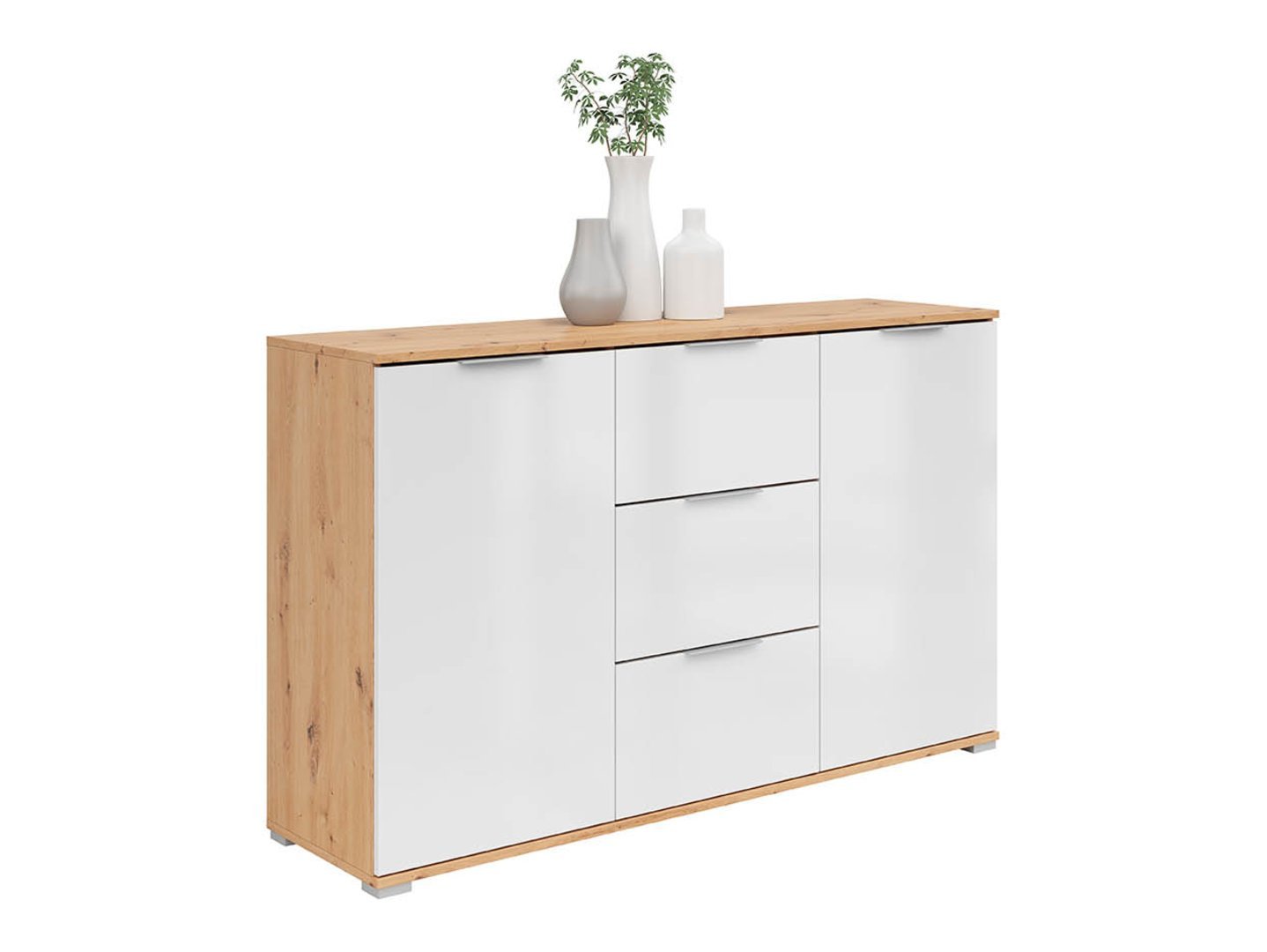 ZELE chest of drawers with two doors and three drawers, 135 cm, artificial oak color / glossy white color - Image 4