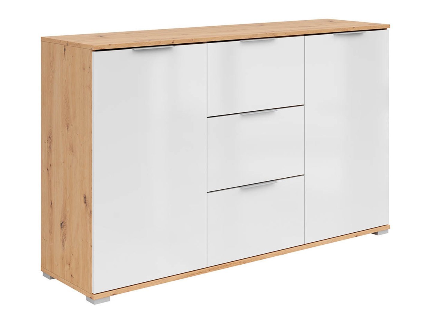 ZELE chest of drawers with two doors and three drawers, 135 cm, artificial oak color / glossy white color - Image 5