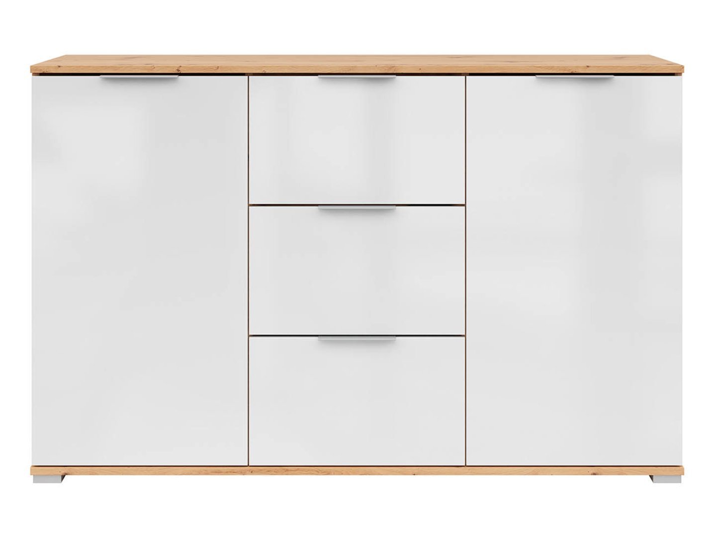 ZELE chest of drawers with two doors and three drawers, 135 cm, artificial oak color / glossy white color - Image 6