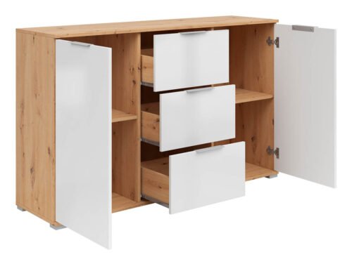 ZELE chest of drawers with two doors and three drawers, 135 cm, artificial oak color / glossy white color